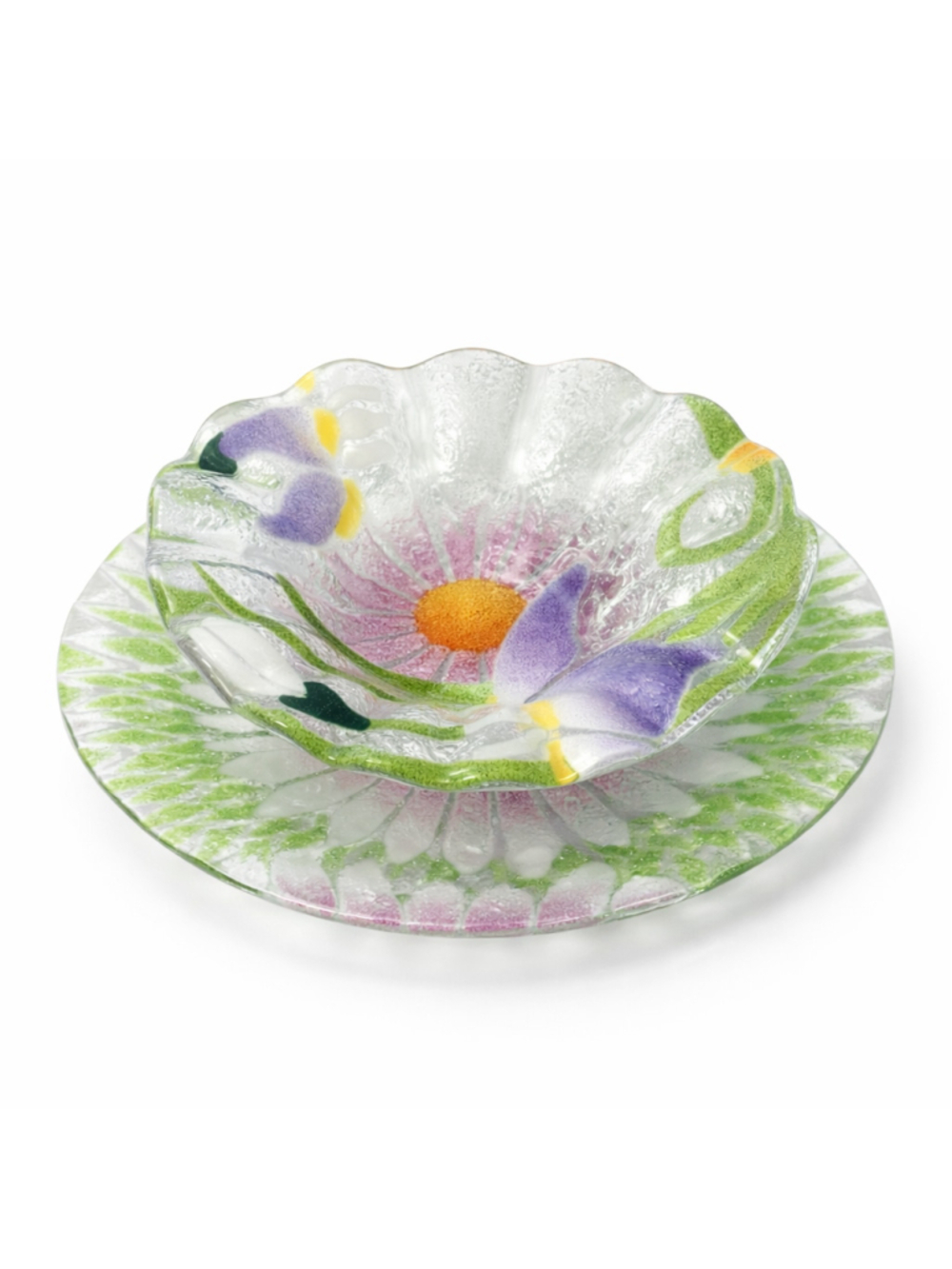 Sydenstricker Glass Floral Fused Glass Bowl & Plate Set Iris Daisy Art Glass Han